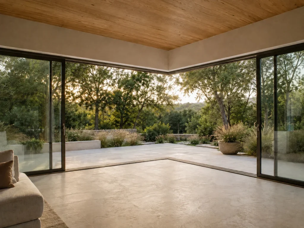 Architectural concept of sliding doors at an open corner