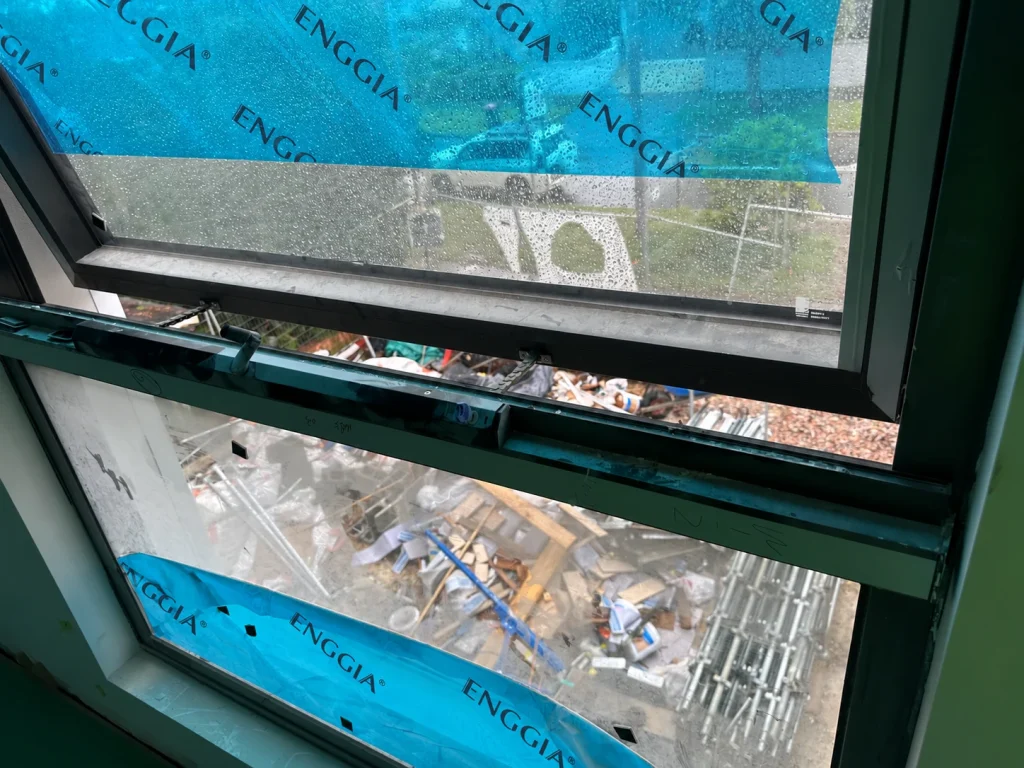 Close view of the opening sash and window hardware