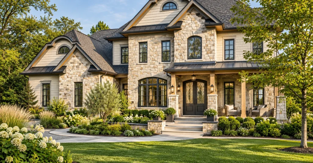Large traditional stone home in a green garden, with bay windows and dark slate pitched roofs