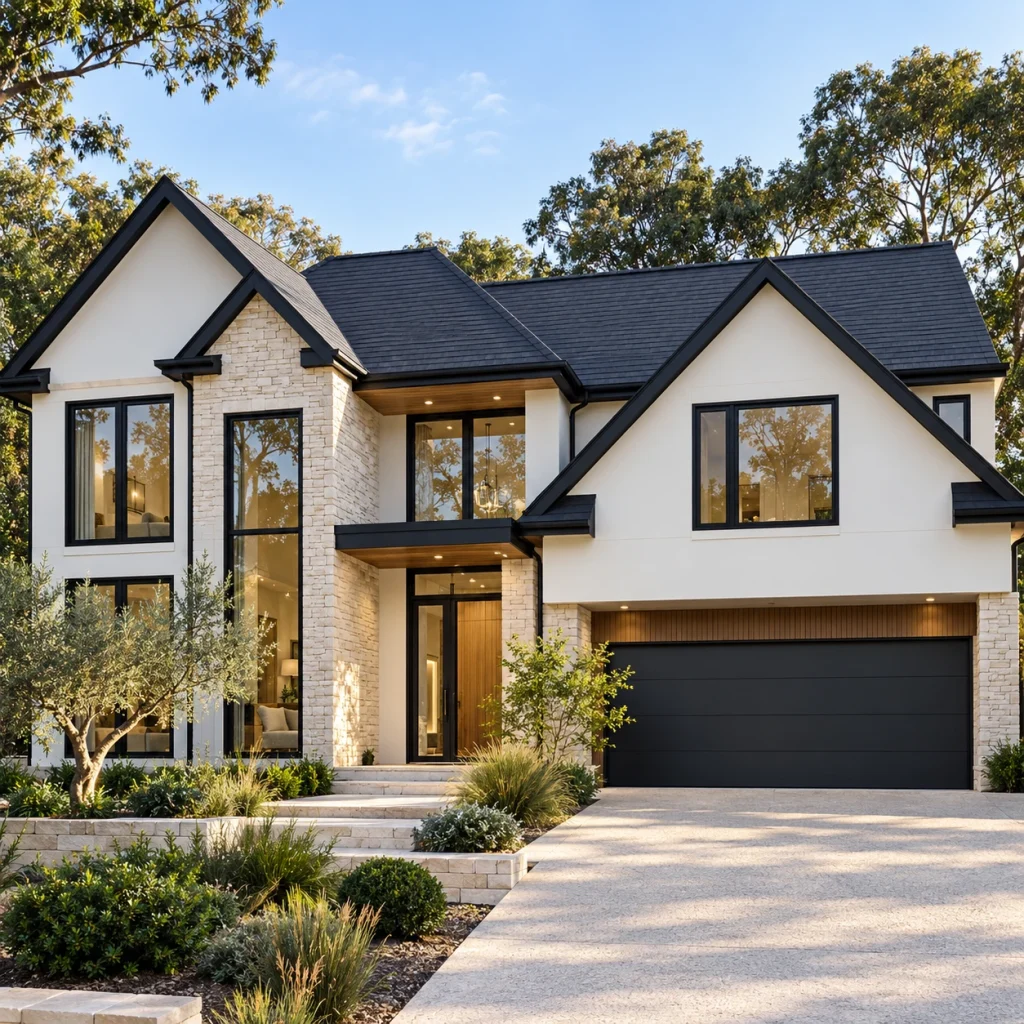 Two-storey white contemporary house with charcoal gables and black windows