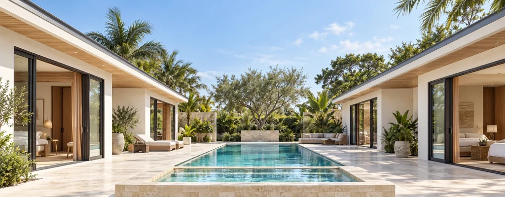 Minimal single-storey white courtyard residence around a long pool