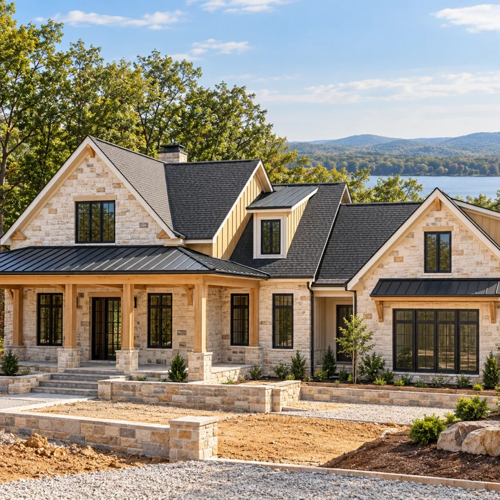 Brick and timber home during construction with gable roofs and newly installed dark windows