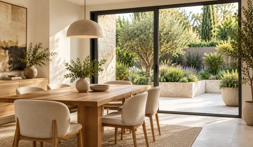 A light dining nook beside full-height folding glass doors opening to a planted terrace, oak dining table and neutral furnishings