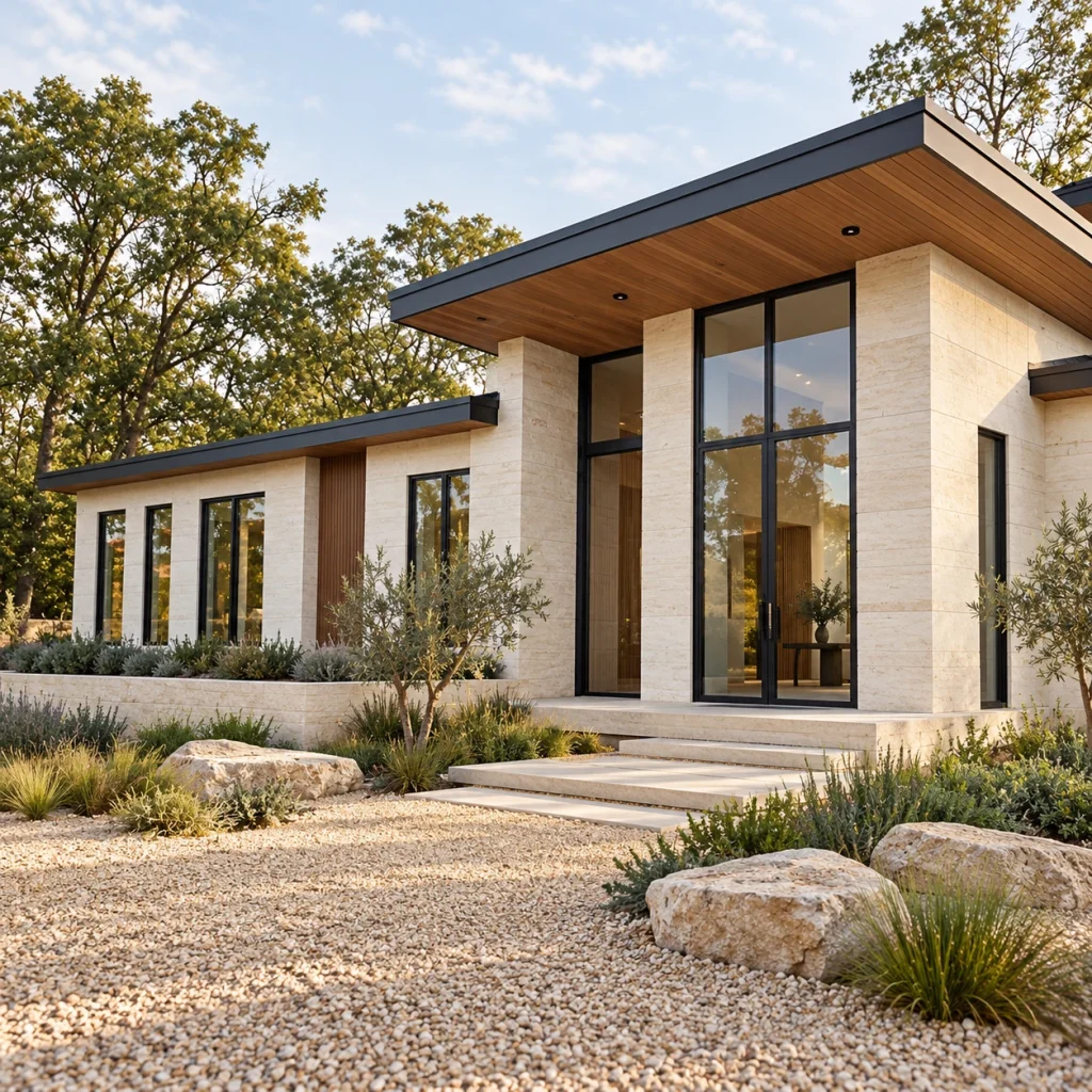 Single-storey modern white house with a tall glazed entrance and warm timber soffit