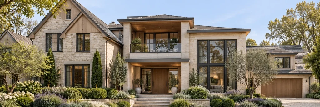 A two-storey stone and timber country home with large charcoal-framed windows and a sheltered balcony, set in a planted garden