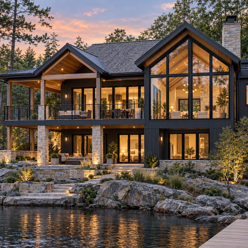 Two-storey charcoal timber woodland house at dusk with warm illuminated windows