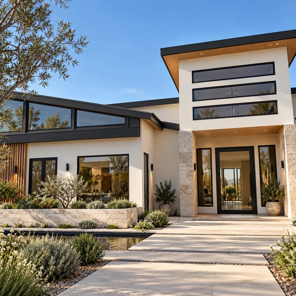 Contemporary white home with asymmetrical dark roof and tall narrow upper windows
