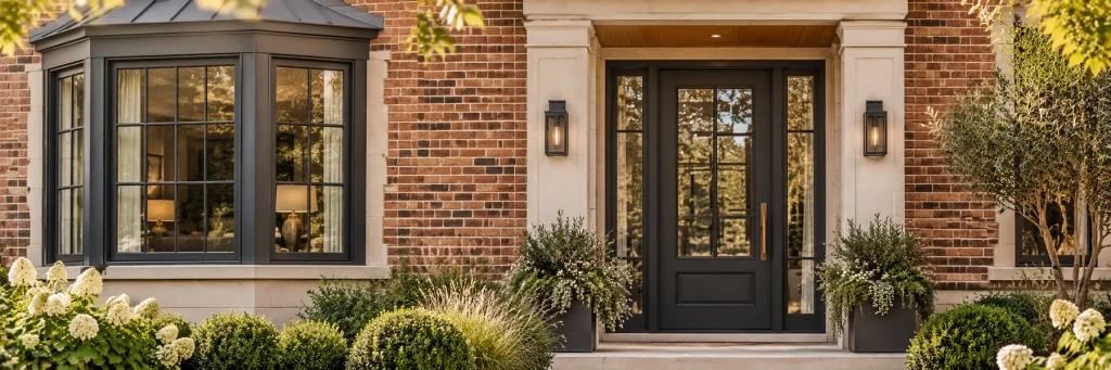 Traditional red-brick house entrance with a dark glazed front door and refined divided-light windows