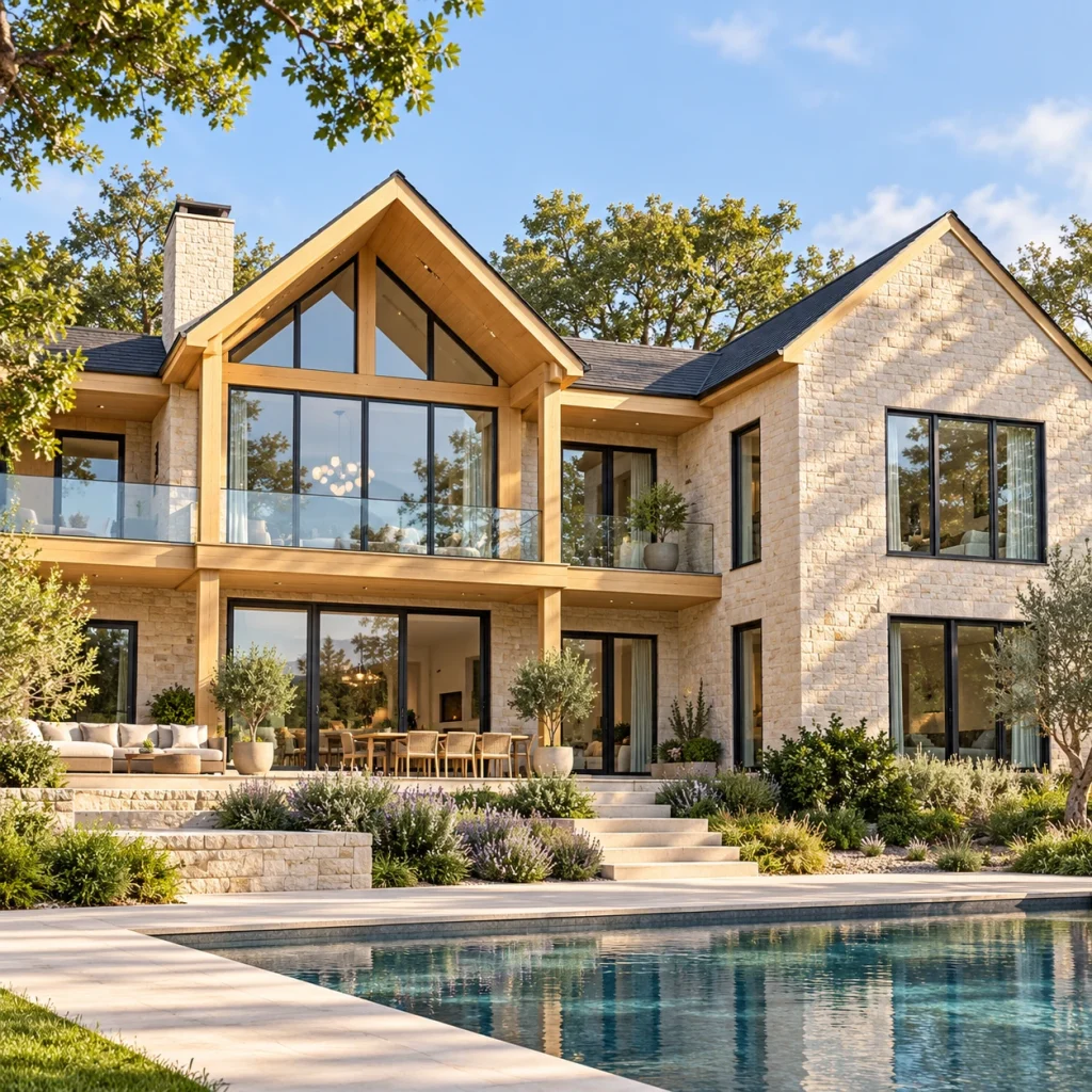 Modern warm stone and timber two-storey house with gabled glass front