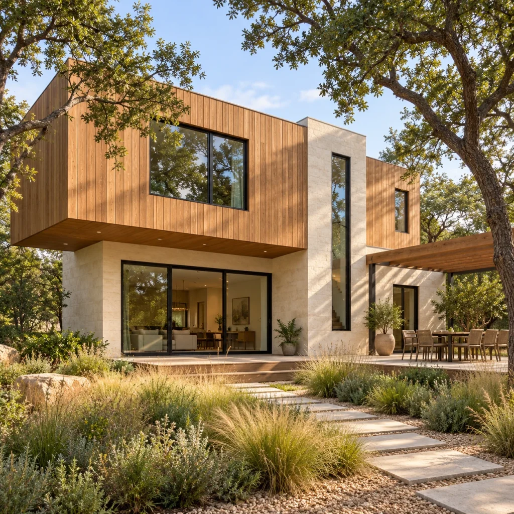 Timber and stone courtyard home with aluminium glazing