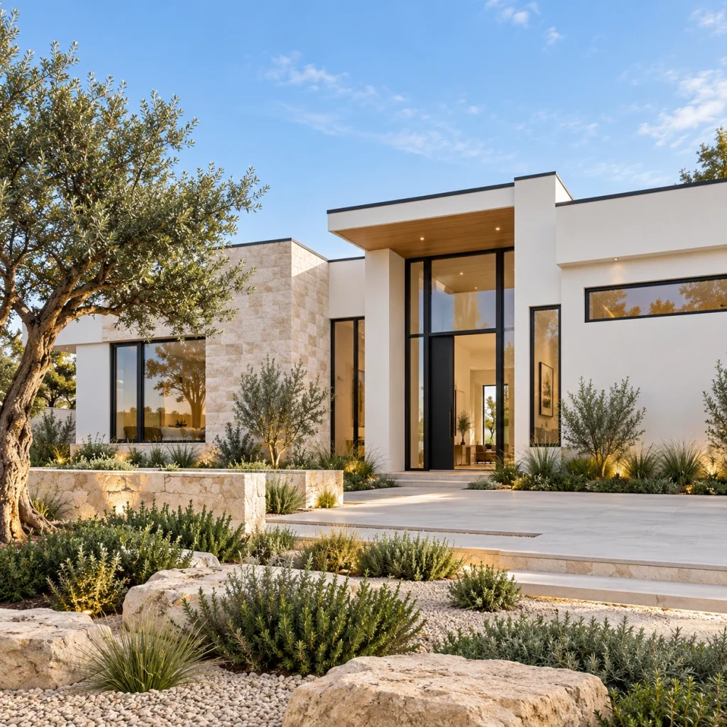 Single-storey white contemporary villa with a tall glazed entrance