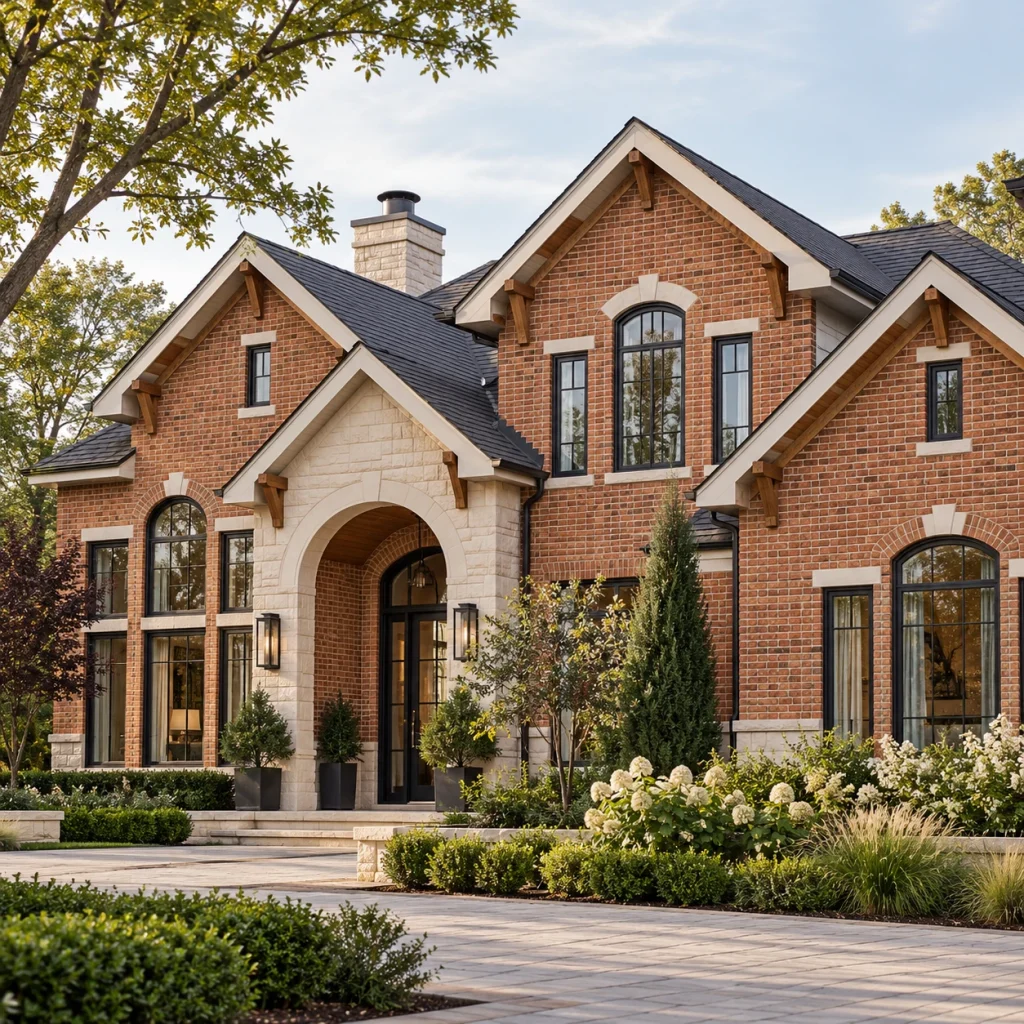 Classic red-brick home with arched entry and tall white windows