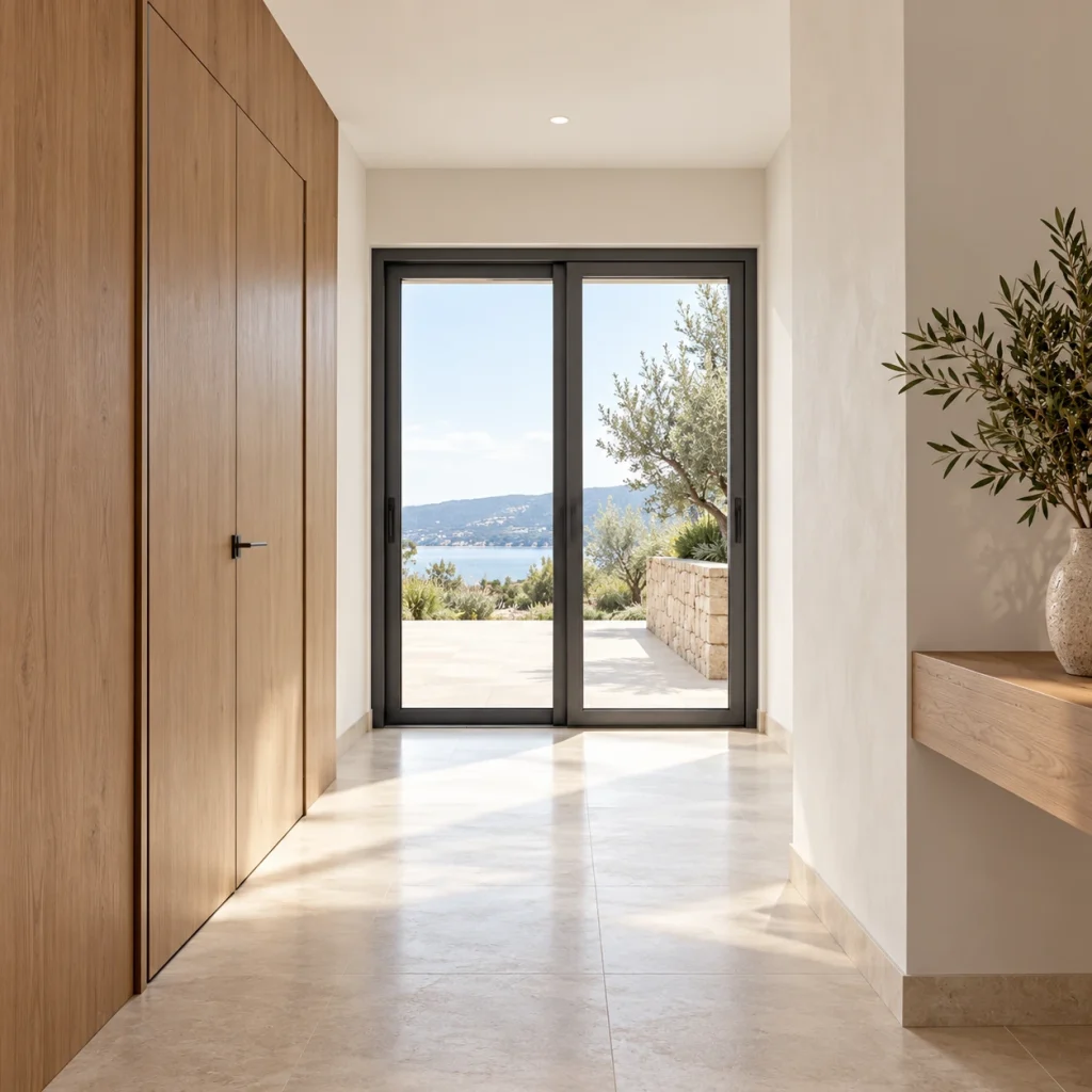 Bright minimal hallway with full-height glazed sliding doors at its end, pale blue-grey wall