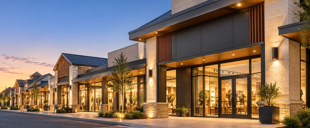 A low-rise neighbourhood retail street at dusk, warm interior lighting behind dark aluminium storefront glazing, restrained neutral facades