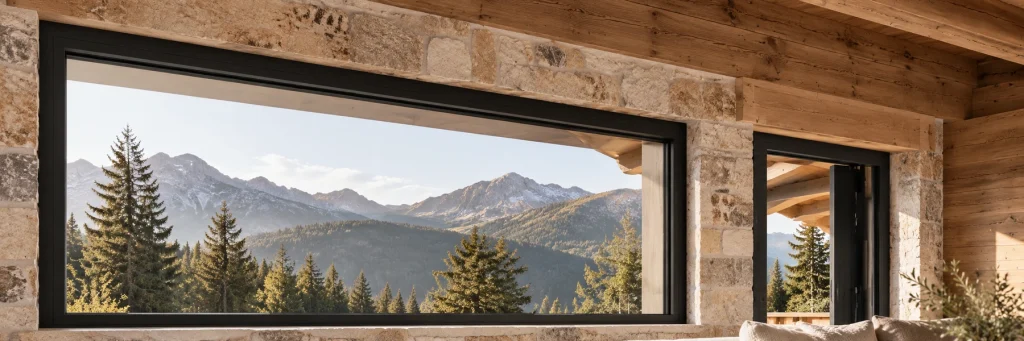 Inside a timber-lined mountain cabin, a wide dark aluminium window overlooking trees