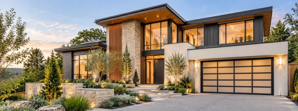 Contemporary two-storey dark-timber home with warm interior light and a broad garage
