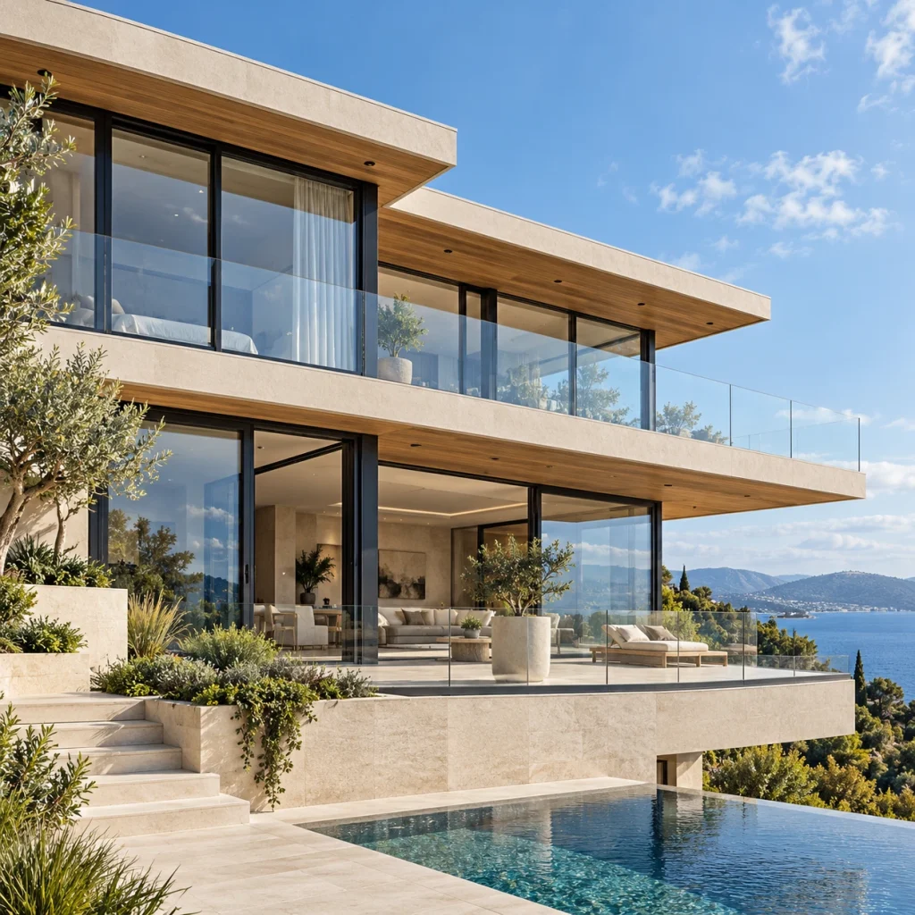 Modern hillside waterfront home with glass balconies and dark aluminium sliding doors