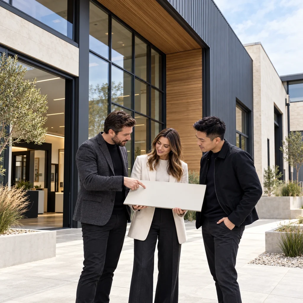 Three entirely new fictional adult building professionals reviewing a blank sample board outside a contemporary window showroom