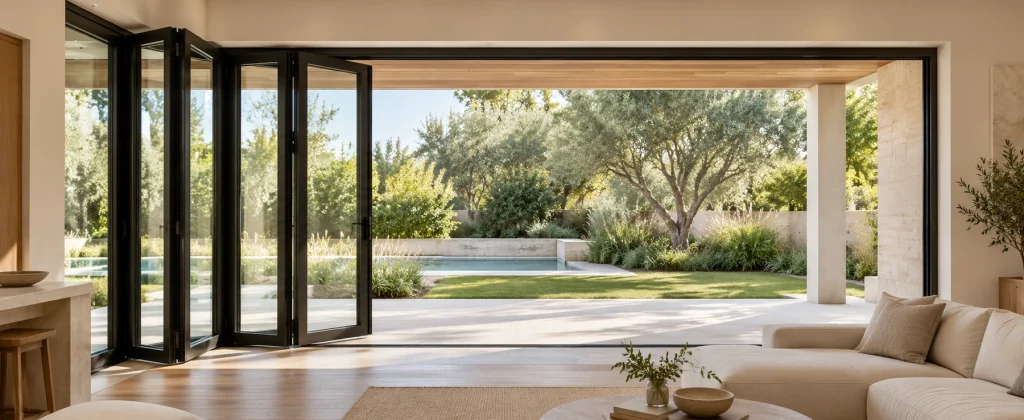 Interior view across a broad wall of charcoal folding doors in a light neutral living space, opening to a green garden