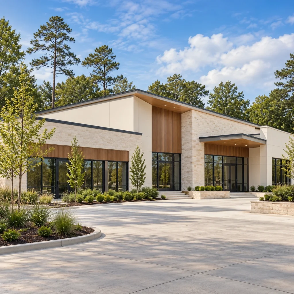 Low-rise commercial building with simple dark aluminium storefront glazing, contemporary pale exterior
