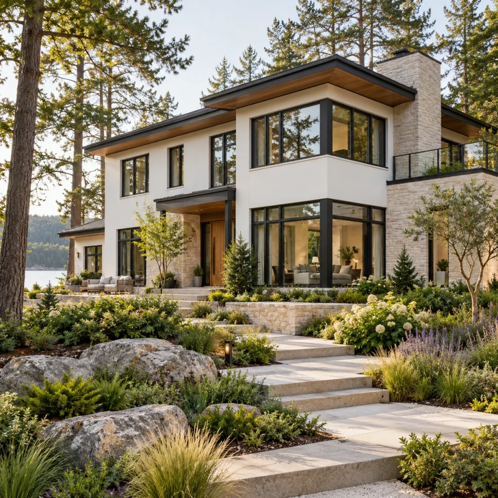 Two-storey white woodland home with black window frames