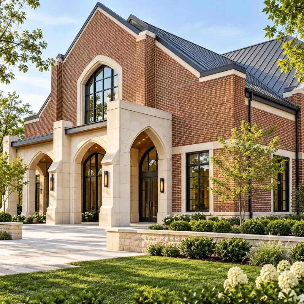 Traditional red-brick institutional building with arched glazing