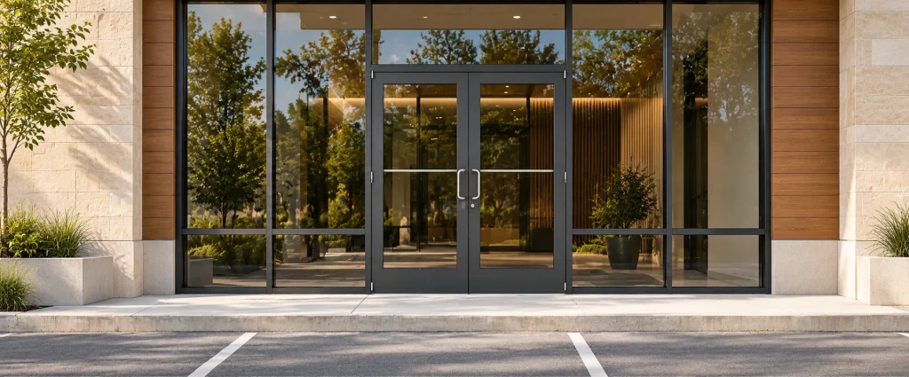 An understated commercial entrance with paired glazed aluminium doors and transom in a brick and stone facade, clear unmarked glass and realistic door hardware