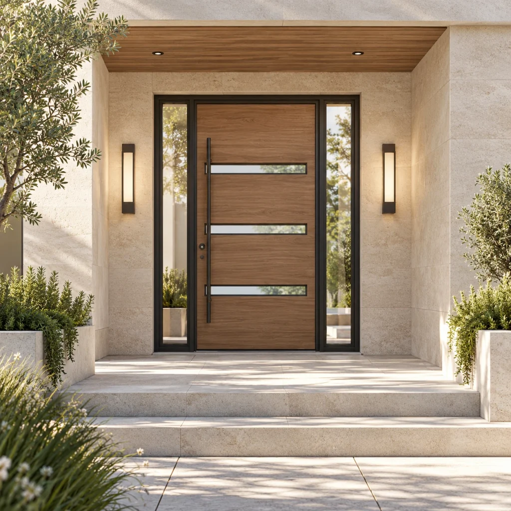 Contemporary timber entry door with narrow horizontal glazing in a pale stone recess