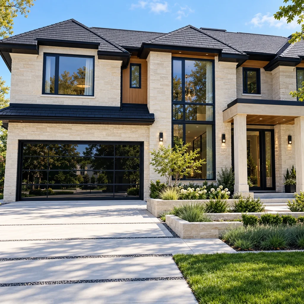 A fictional family home with dark windows and pale stone facade