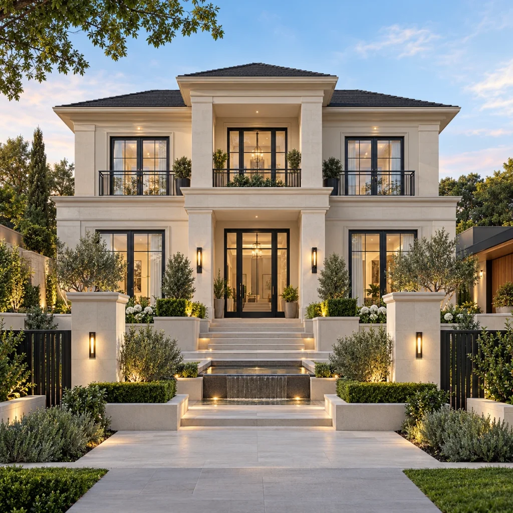 Symmetrical pale-stone luxury villa with tall dark windows