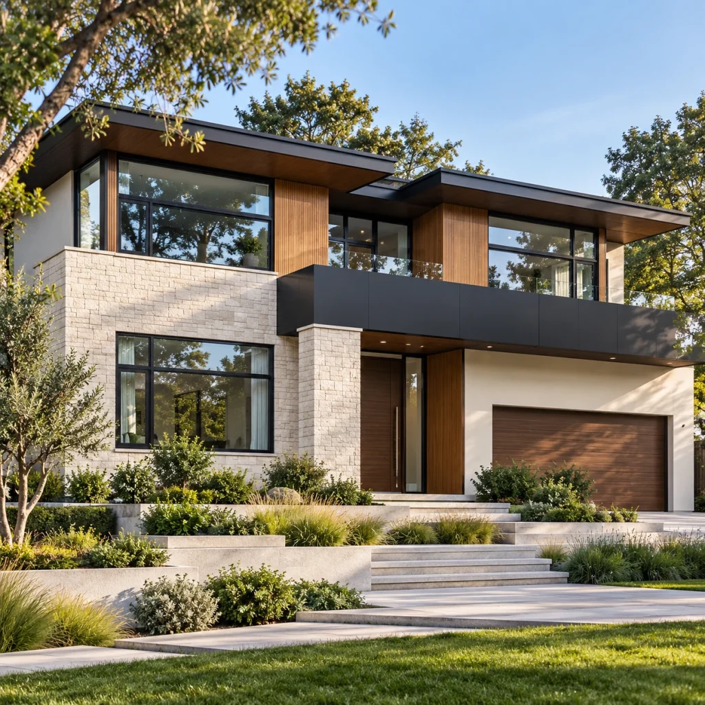 Contemporary two-storey concrete and timber home with dark glazing and deep balconies