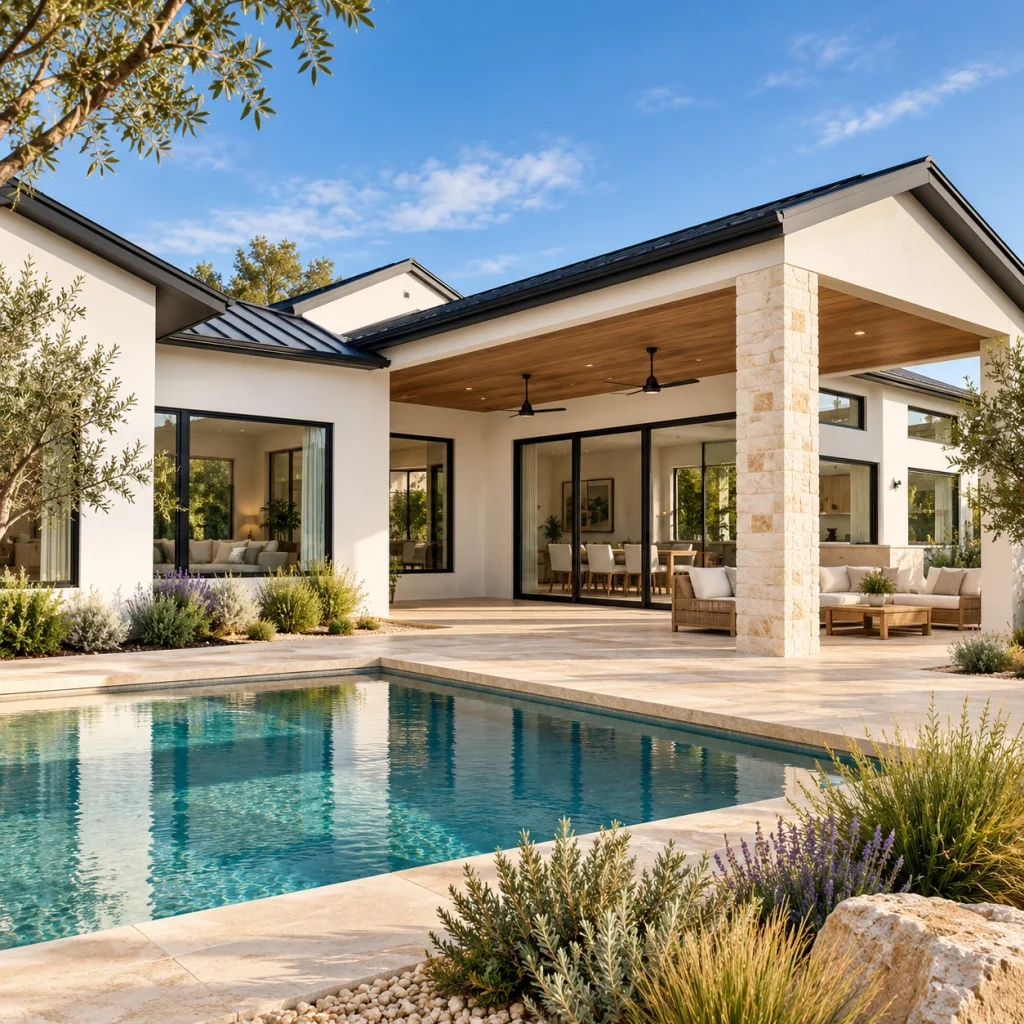 Modern single-storey white courtyard house with dark aluminium windows