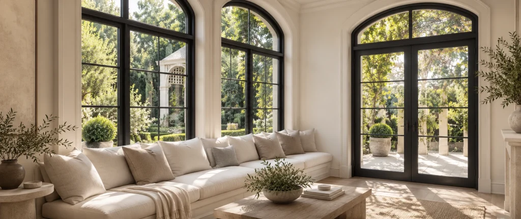 An elegant sitting room with high arched dark-framed windows and soft neutral furniture looking onto a planted garden