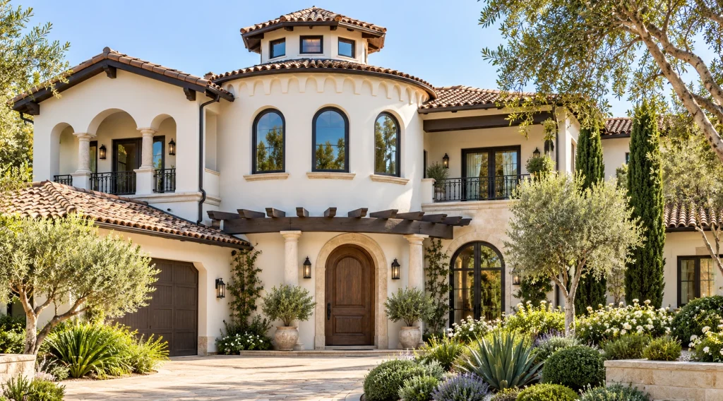A Mediterranean-inspired courtyard villa with arched windows, cream stucco and warm stone, distinctive dark glazed entry door