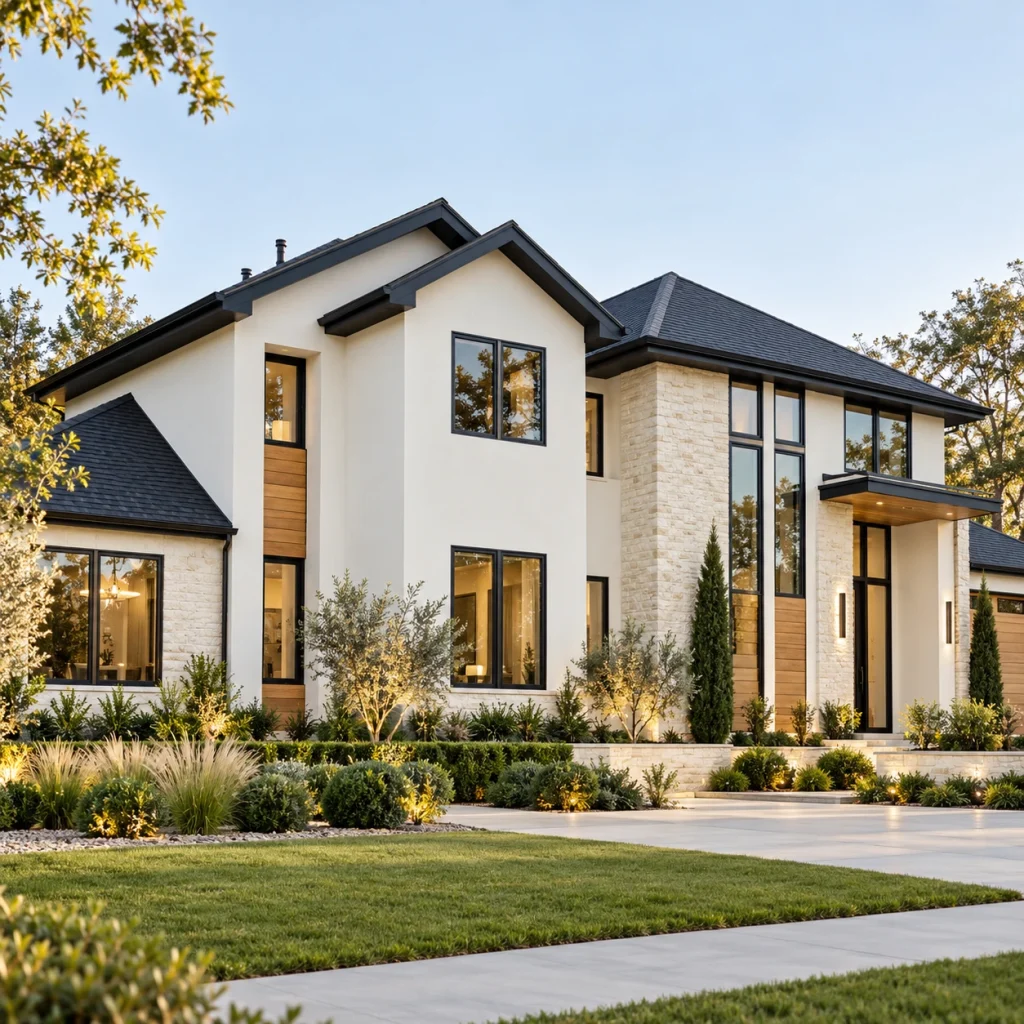 Tall white suburban house with steep roofs and dark glazing