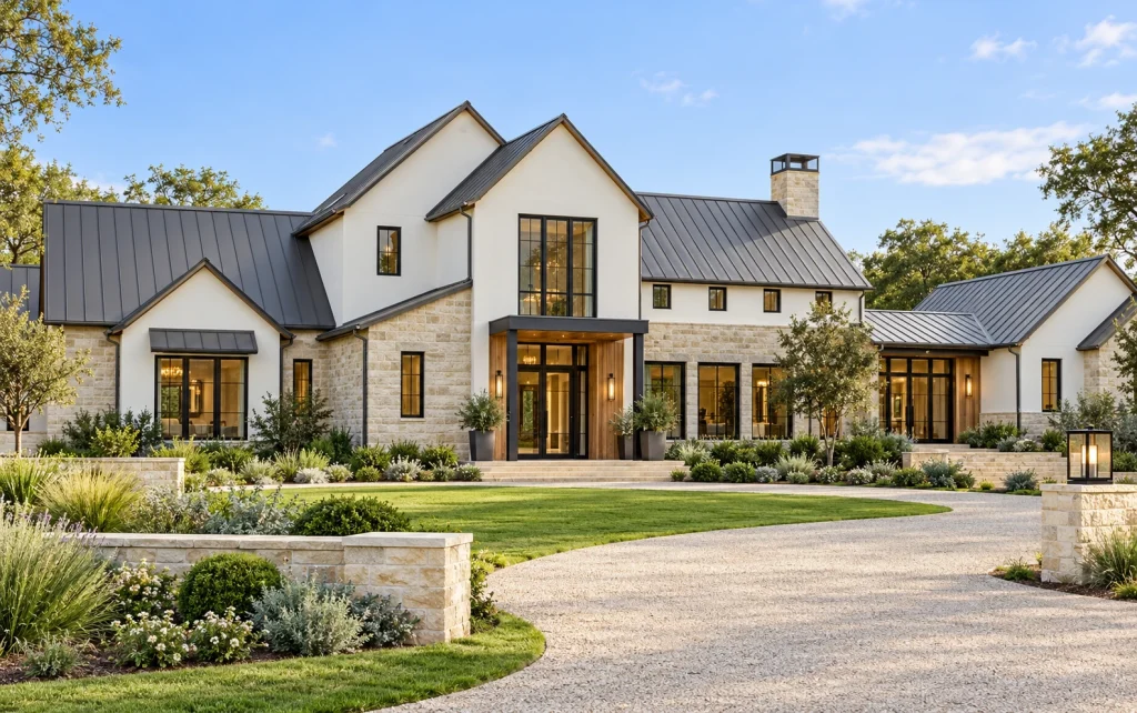 A generous gabled country house with pale limestone walls, a dark standing-seam roof and tall grouped black-framed windows