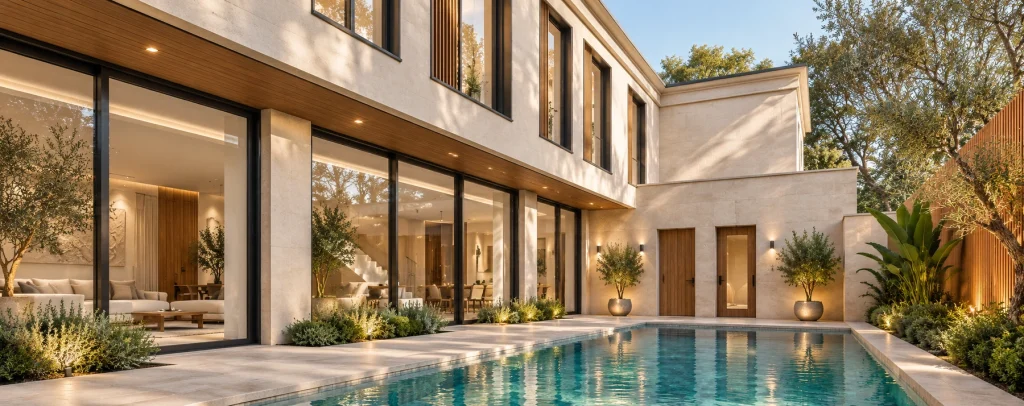 Private villa courtyard with a reflecting pool, cream masonry and two floors of charcoal aluminium glazing