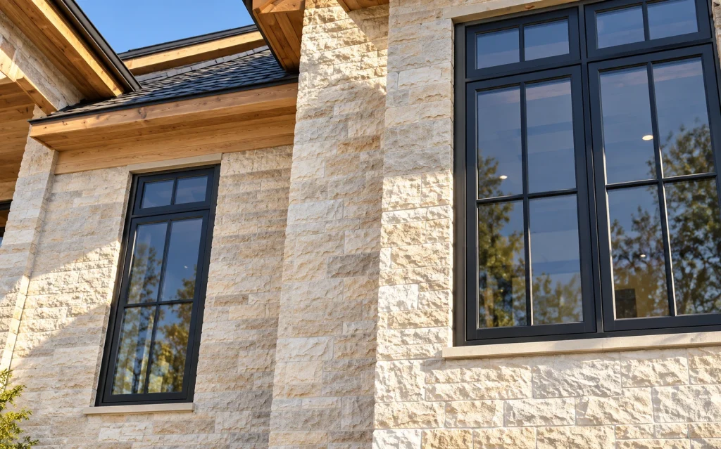 Construction-stage close view of black aluminium windows installed in an exterior wall, light neutral sheathing with no printed brands, realistic flashing and frame details
