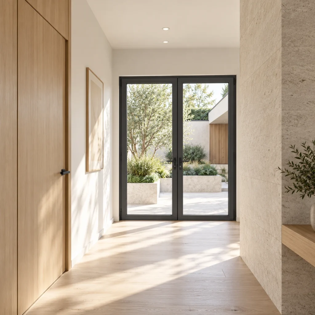 Bright minimal hallway ending at dark-framed glazing, pale blue-grey wall and light timber floor