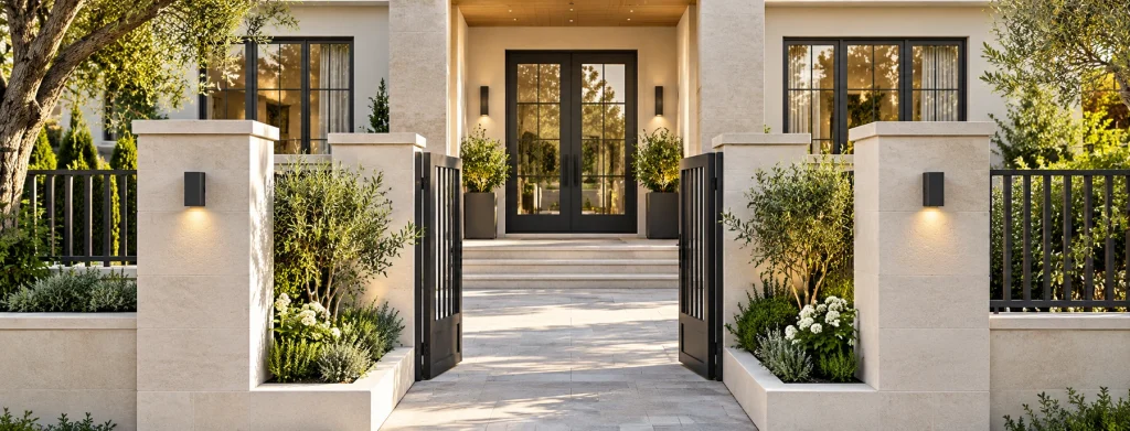 A sheltered contemporary villa entrance: dark aluminium glazed door, pale masonry columns and low planting
