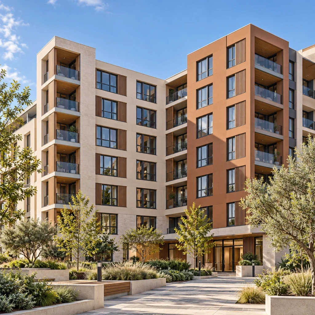 Colourful mid-rise apartment complex, muted blue and terracotta volumes