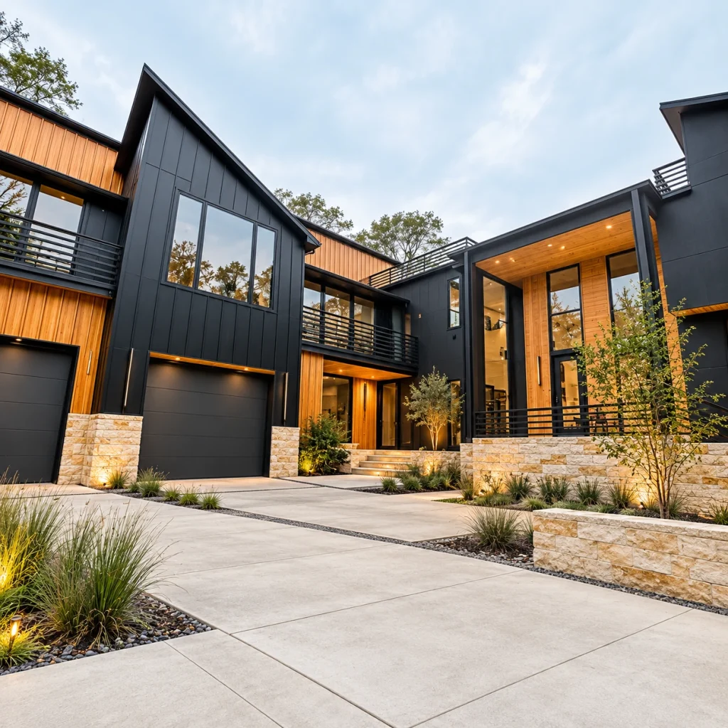Contemporary courtyard among charcoal and warm timber buildings