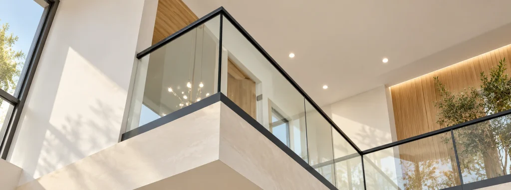 Close architectural view of a tall corner-glazing opening inside a bright double-height living room