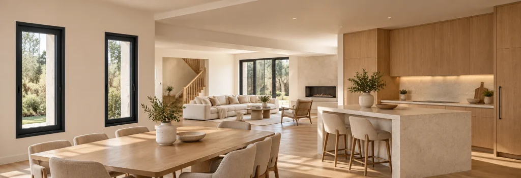 A bright open-plan kitchen and dining room with charcoal aluminium windows, warm oak cabinets and pale stone surfaces