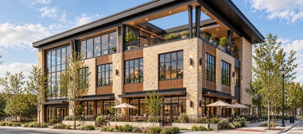 Contemporary three-storey neighbourhood cafe and offices with timber and stone cladding, broad dark divided-light windows and a roof terrace