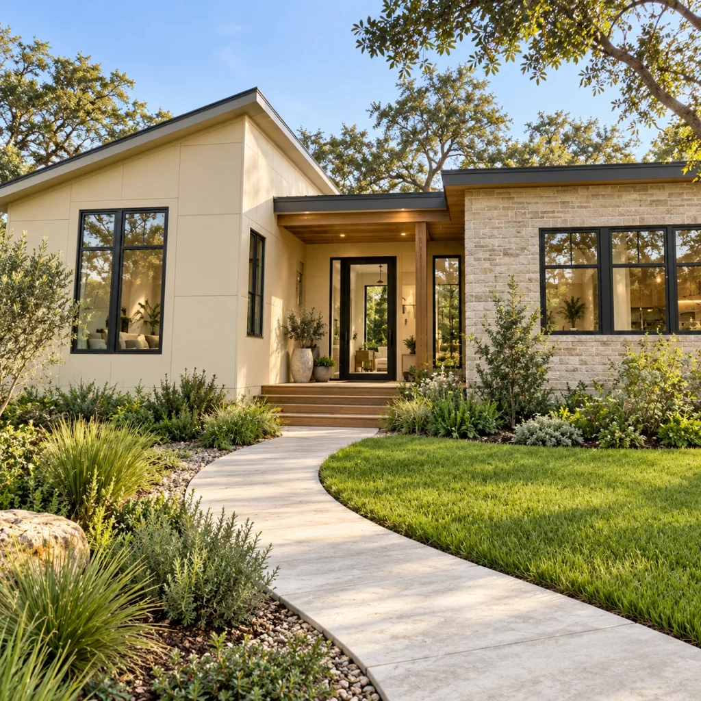 Single-storey cream and light-stone courtyard home with dark windows