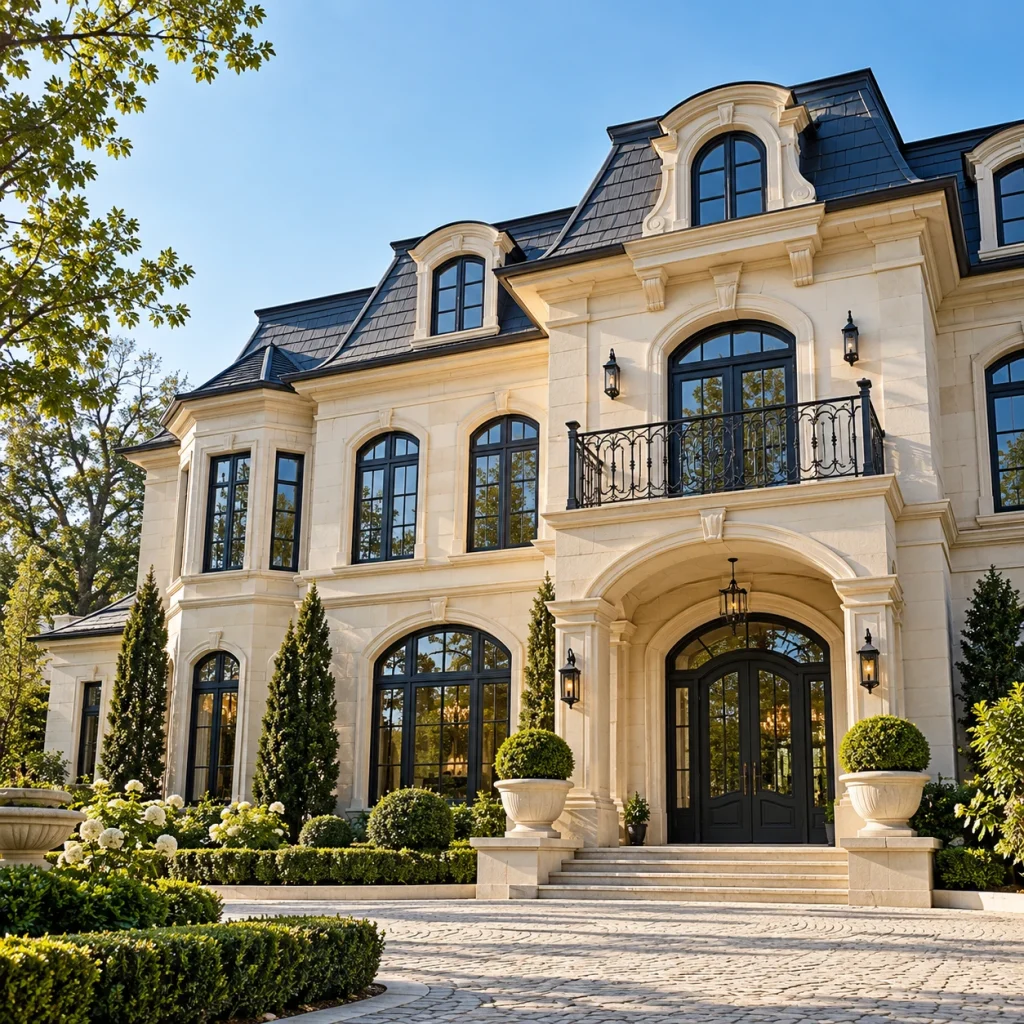 Ornate European-inspired pale-stone villa with arched glazing and dark mansard roofs
