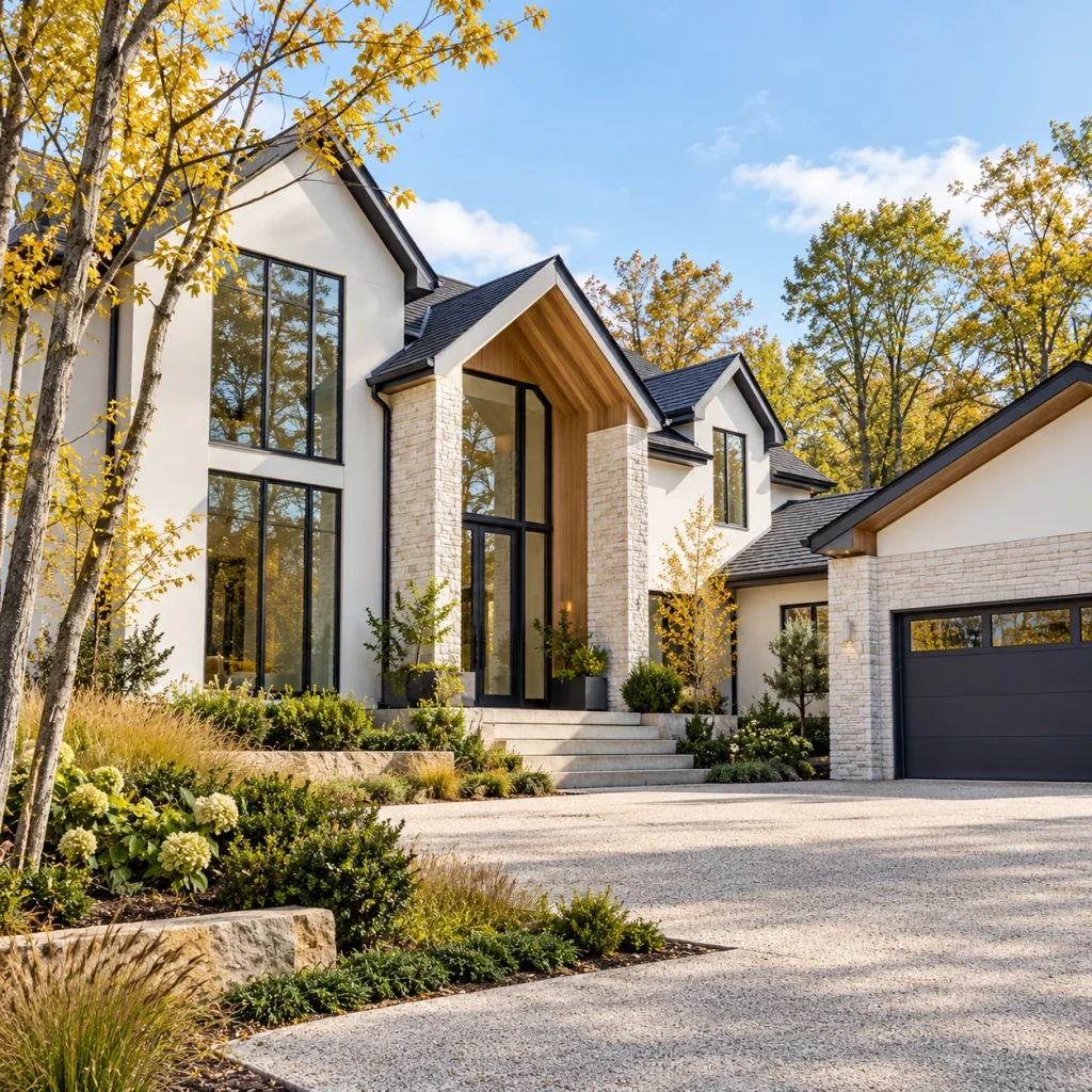 Contemporary gabled woodland home in white render and stone