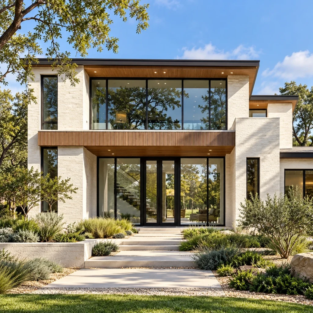 Two-storey modern white stone home with full-width dark aluminium glazing and timber accents
