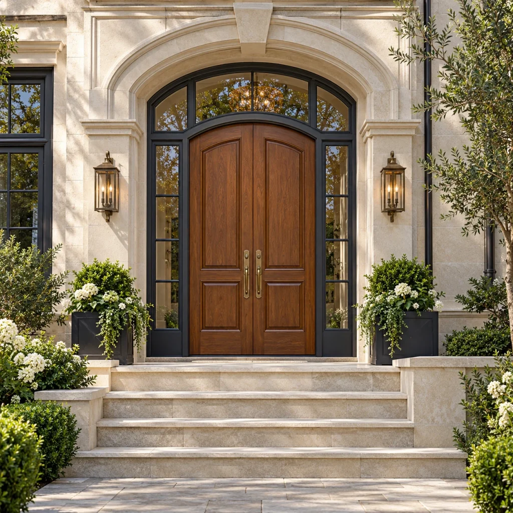 Classic carved stone entrance with timber double doors